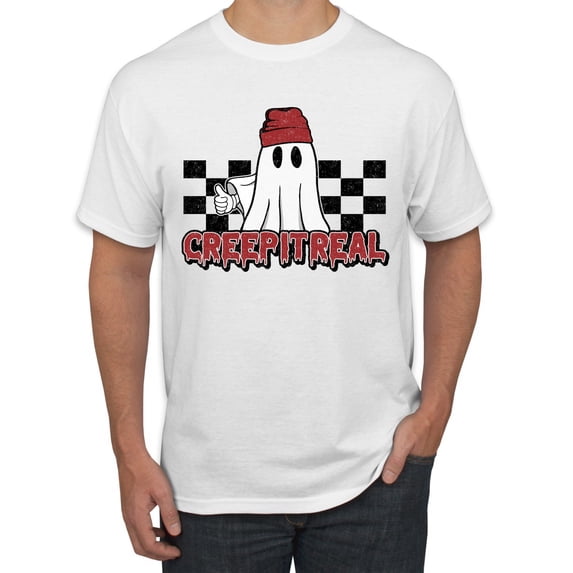 Wild Bobby Creep It Real Ghost Checker Background Halloween Red and Black Halloween Men Tee, White, XX-Large