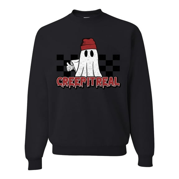 Wild Bobby Creep It Real Ghost Checker Background Halloween Red and Black Halloween Unisex Crewneck Sweatshirt, Black, Small