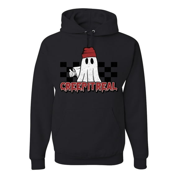 Wild Bobby Creep It Real Ghost Checker Background Halloween Red and Black Halloween Unisex Hoodie Sweatshirt, Black, Small