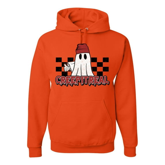 Wild Bobby Creep It Real Ghost Checker Background Halloween Red and Black Halloween Unisex Hoodie Sweatshirt, Orange, Large