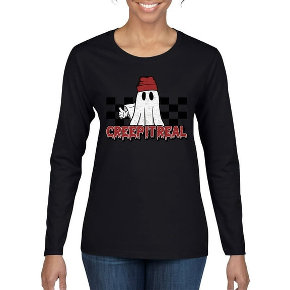 Wild Bobby Creep It Real Ghost Checker Background Halloween Red and Black Halloween Women Graphic Long Sleeve Tee, Black, Medium