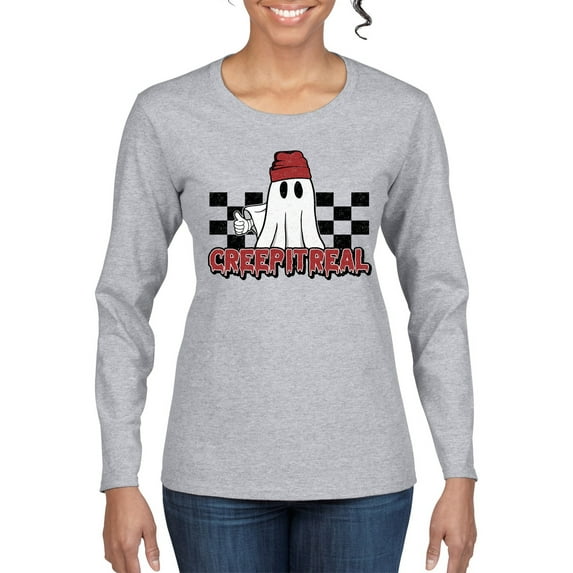Wild Bobby Creep It Real Ghost Checker Background Halloween Red and Black Halloween Women Graphic Long Sleeve Tee, Heather Grey, XX-Large