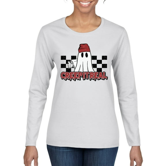 Wild Bobby Creep It Real Ghost Checker Background Halloween Red and Black Halloween Women Graphic Long Sleeve Tee, White, Medium