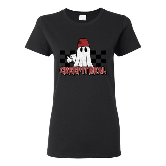 Wild Bobby Creep It Real Ghost Checker Background Halloween Red and Black Halloween Women Graphic Tee, Black, Small