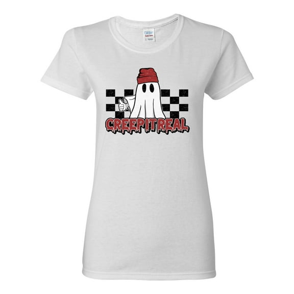 Wild Bobby Creep It Real Ghost Checker Background Halloween Red and Black Halloween Women Graphic Tee, White, Medium
