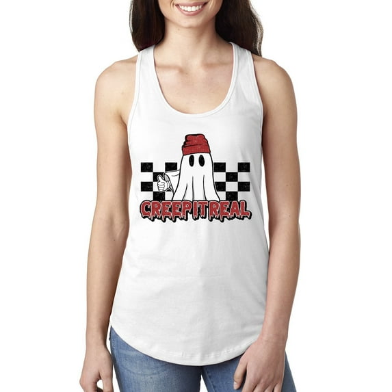 Wild Bobby Creep It Real Ghost Checker Background Halloween Red and Black Halloween Women Racerback Tank Top, White, Small