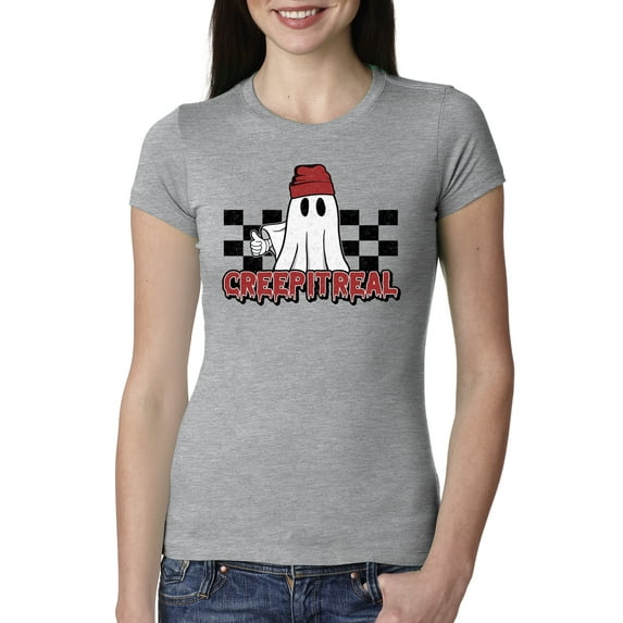 Wild Bobby Creep It Real Ghost Checker Background Halloween Red and Black Halloween Women Slim Fit Junior Tee, Heather Grey, X-Large