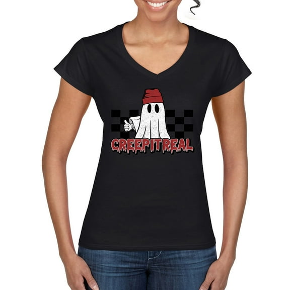Wild Bobby Creep It Real Ghost Checker Background Halloween Red and Black Halloween Women Standard V-Neck Tee, Black, Large