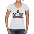 thumbnail image 1 of Wild Bobby Creep It Real Ghost Checker Background Halloween Red and Black Halloween Women Standard V-Neck Tee, White, Large, 1 of 6