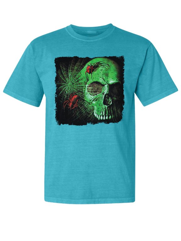 ,Creepy Bug Insect Skeleton Skull Face, Streetwear, Garment-Dyed Washed Look Short Sleeve T-Shirt, Blue Lagoon, Small