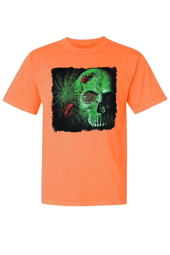 ,Creepy Bug Insect Skeleton Skull Face, Streetwear, Garment-Dyed Washed Look Short Sleeve T-Shirt, Neon Orange, Large