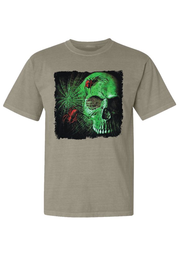 ,Creepy Bug Insect Skeleton Skull Face, Streetwear, Garment-Dyed Washed Look Short Sleeve T-Shirt, Sand, Small