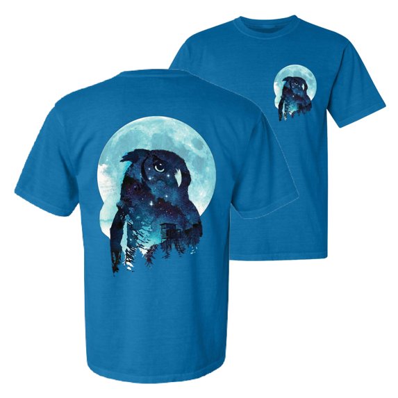 Wild Bobby, Creepy Winter Beach Night Owl, Animal Lover, Front and Back Garment-Dyed Short Sleeve Tees, Cobalt, X-Large
