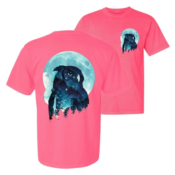 Wild Bobby, Creepy Winter Beach Night Owl, Animal Lover, Front and Back Garment-Dyed Short Sleeve Tees, Neon Pink, Medium