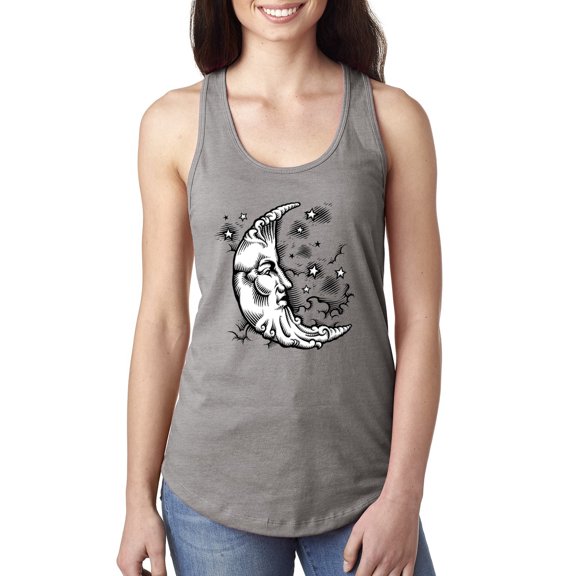Wild Bobby Crescent Moon Astrology Puff Print Fashion Ladies Racerback Tank Top, Heather Grey, Small