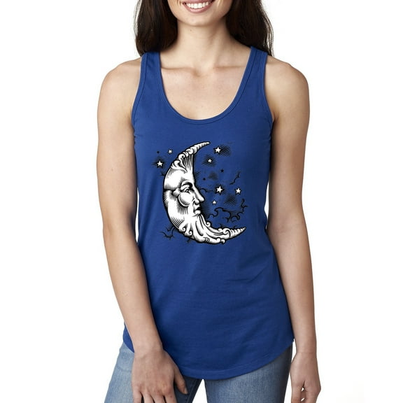 Wild Bobby Crescent Moon Astrology Puff Print Fashion Ladies Racerback Tank Top, Royal, Small