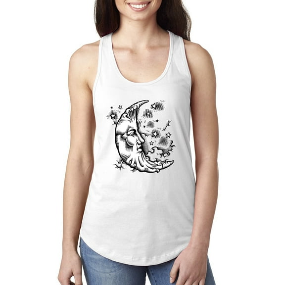 Wild Bobby Crescent Moon Astrology Puff Print Fashion Ladies Racerback Tank Top, White, Small