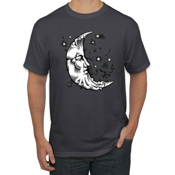 Wild Bobby Crescent Moon Astrology Puff Print Fashion Men's Tee, Charcoal, Medium