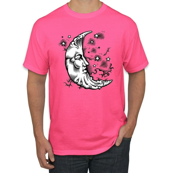 Wild Bobby Crescent Moon Astrology Puff Print Fashion Men's Tee, Neon Pink, Medium