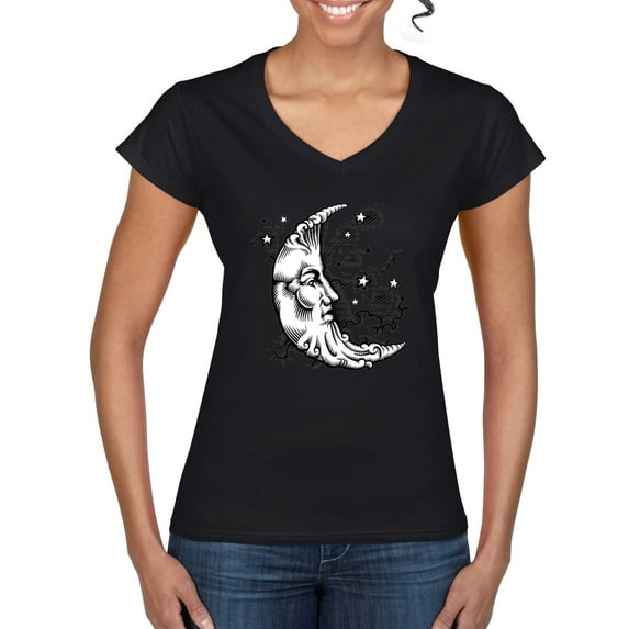 Wild Bobby Crescent Moon Astrology Puff Print Fashion Women’s Standard V-Neck Tee, Black, Small