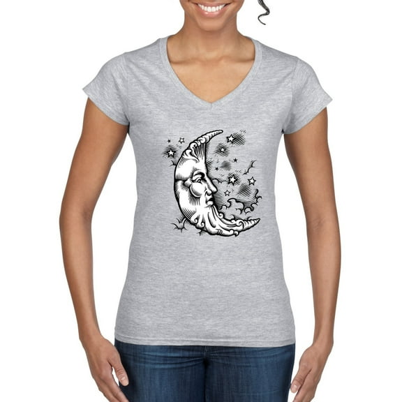 Wild Bobby Crescent Moon Astrology Puff Print Fashion Women’s Standard V-Neck Tee, Heather Grey, X-Large