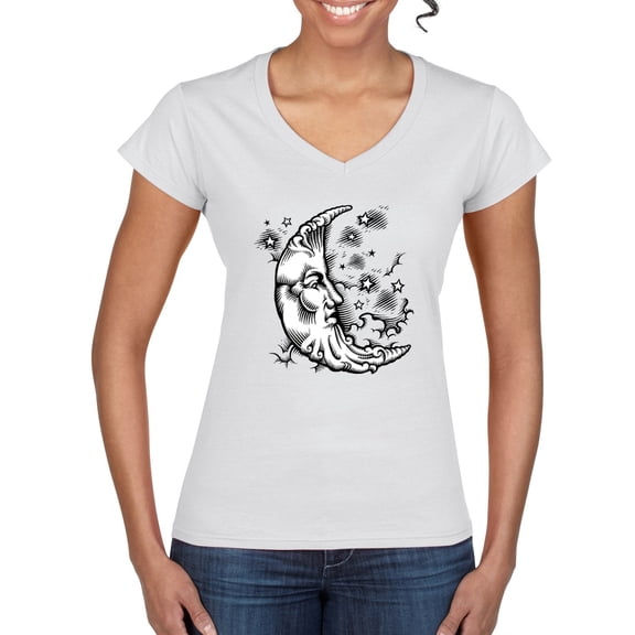 Wild Bobby Crescent Moon Astrology Puff Print Fashion Women’s Standard V-Neck Tee, White, Medium