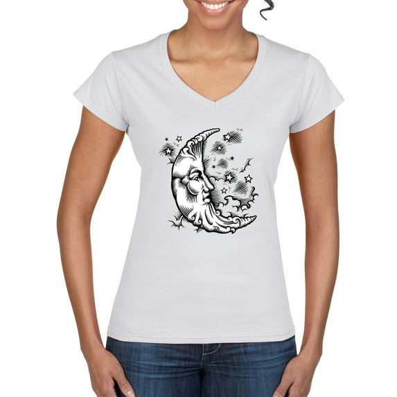 Wild Bobby Crescent Moon Astrology Puff Print Fashion Women’s Standard V-Neck Tee, White, Medium