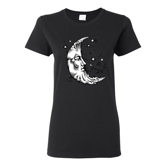 Wild Bobby Crescent Moon Astrology Puff Print Fashion Womens Graphic Tee, Black, Small
