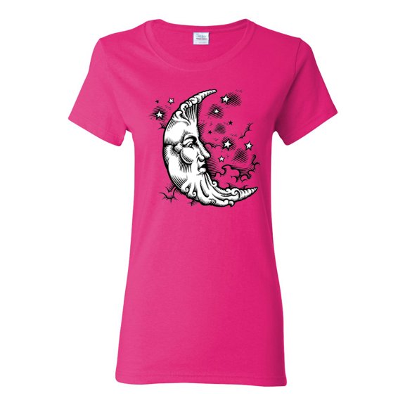 Wild Bobby Crescent Moon Astrology Puff Print Fashion Womens Graphic Tee, Fuschia, Medium