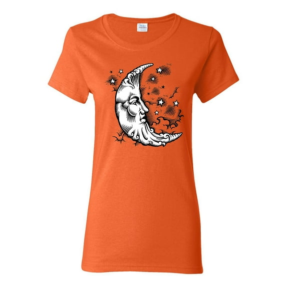 Wild Bobby Crescent Moon Astrology Puff Print Fashion Womens Graphic Tee, Orange, Large
