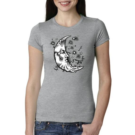 Wild Bobby Crescent Moon Astrology Puff Print Fashion Womens Slim Fit Junior Tee, Heather Grey, Large