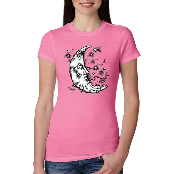 Wild Bobby Crescent Moon Astrology Puff Print Fashion Womens Slim Fit Junior Tee, Hot Pink, XX-Large