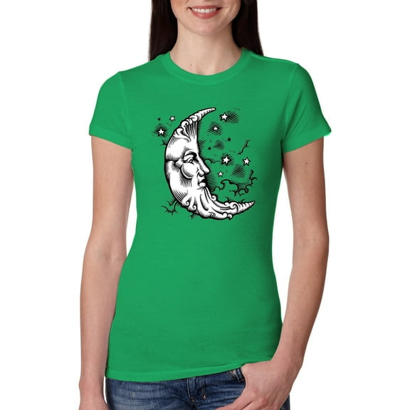 Wild Bobby Crescent Moon Astrology Puff Print Fashion Womens Slim Fit Junior Tee, Kelly, Large