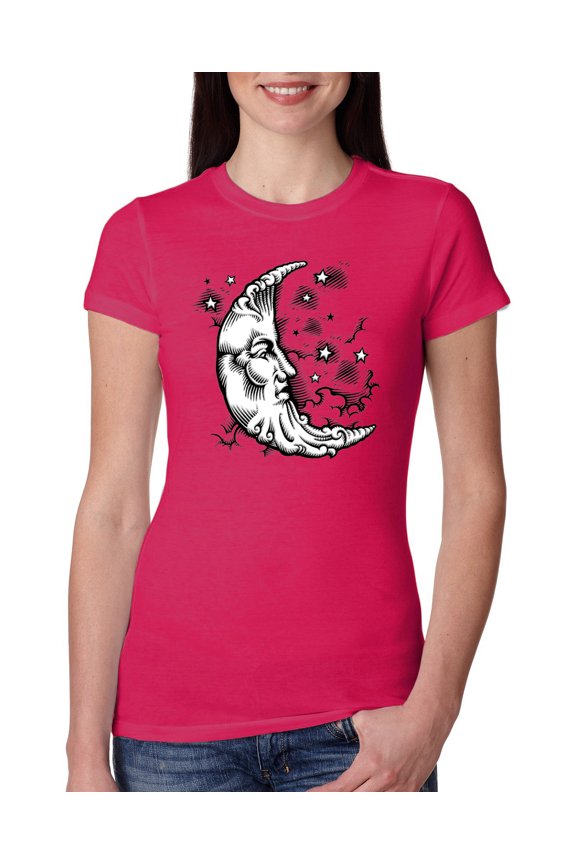Crescent Moon Astrology Puff Print Fashion Womens Slim Fit Junior Tee, Raspberry, Large