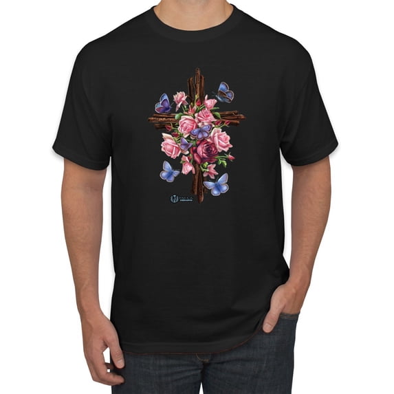 Wild Bobby, Cross with Flowers and Butterflies, Inspirational/Christian, Men Graphic Tees, Black, Small