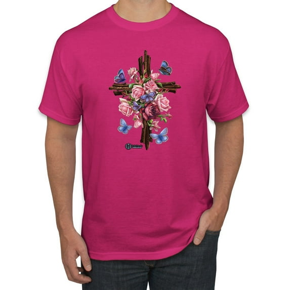 Wild Bobby, Cross with Flowers and Butterflies, Inspirational/Christian, Men Graphic Tees, Fuschia, 5XL