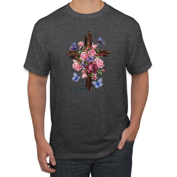 Wild Bobby, Cross with Flowers and Butterflies, Inspirational/Christian, Men Graphic Tees, Heather Black, X-Large