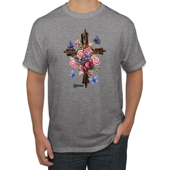 Wild Bobby, Cross with Flowers and Butterflies, Inspirational/Christian, Men Graphic Tees, Heather Grey, 2XL