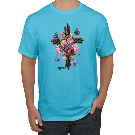 Wild Bobby, Cross with Flowers and Butterflies, Inspirational/Christian, Men Graphic Tees, Light Turquoise, X-Large