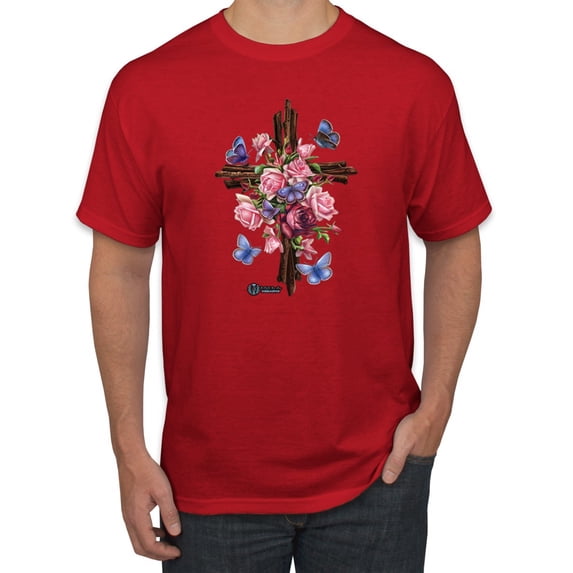 Wild Bobby, Cross with Flowers and Butterflies, Inspirational/Christian, Men Graphic Tees, Red, 2XL