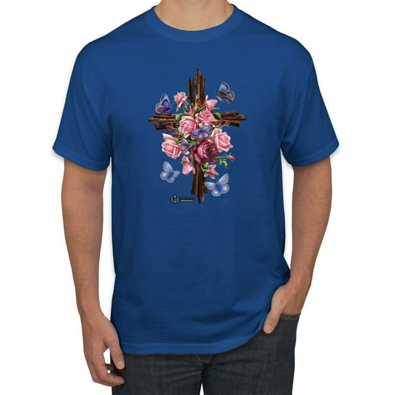 Wild Bobby, Cross with Flowers and Butterflies, Inspirational/Christian, Men Graphic Tees, Royal, X-Large
