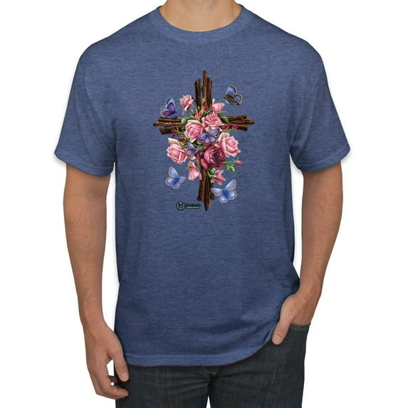 Wild Bobby, Cross with Flowers and Butterflies, Inspirational/Christian, Men Graphic Tees, Vintage Heather Blue, Large