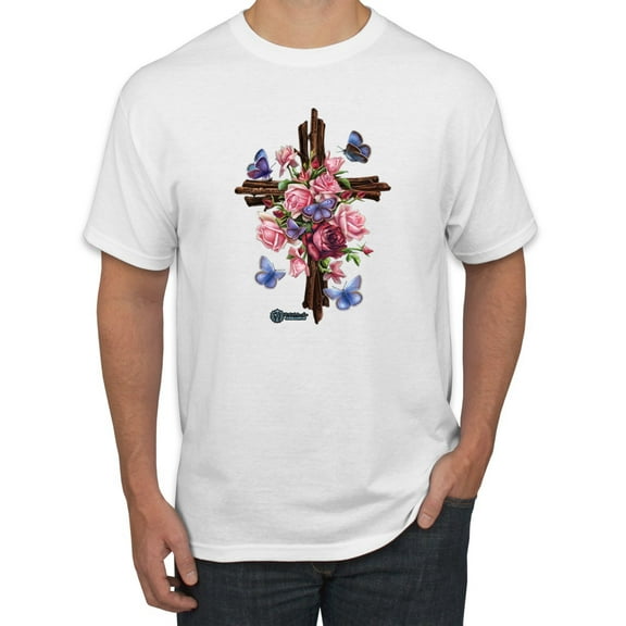 Wild Bobby, Cross with Flowers and Butterflies, Inspirational/Christian, Men Graphic Tees, White, X-Large
