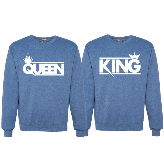 Wild Bobby, Crowned King And Queen Matching Valentines Day Outfit His and Hers Matching Couples Crewneck Sweatshirts, Vintage Heather Blue, Mens L-Womens M