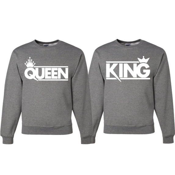 Wild Bobby, Crowned King And Queen Matching Valentines Day Outfit His and Hers Matching Couples Crewneck Sweatshirts, Heather Grey, Mens S-Womens S