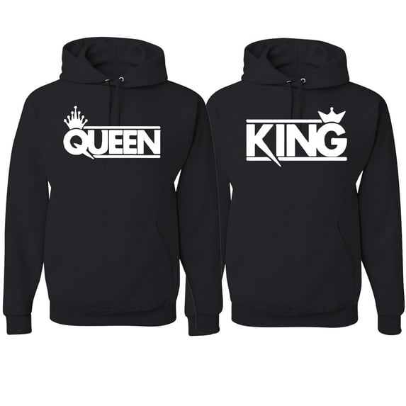 Wild Bobby, Crowned King And Queen Matching Valentines Day Outfit His and Hers Matching Couples Hoodie Sweatshirts, Black, Mens 2XL-Womens L