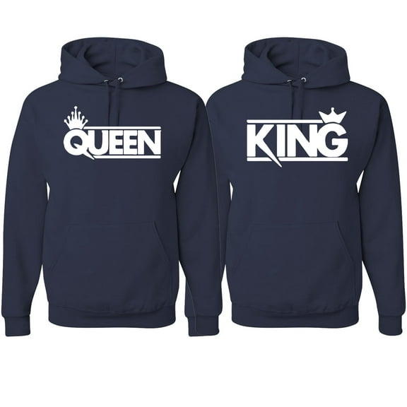 Wild Bobby, Crowned King And Queen Matching Valentines Day Outfit His and Hers Matching Couples Hoodie Sweatshirts, Navy, Mens M-Womens XL