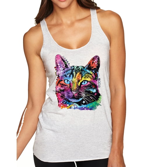 Wild Bobby, Cute Cat | Dean Russo Art Animal Lover Tri-Blend Racerback Tank Top, Heather White, Large
