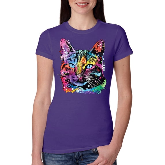 Wild Bobby, Cute Cat | Dean Russo Art Animal Lover Womens Slim Fit Junior Tee, Purple Rush, Large