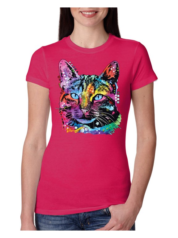 , Cute Cat | Dean Russo Art Animal Lover Womens Slim Fit Junior Tee, Raspberry, Small